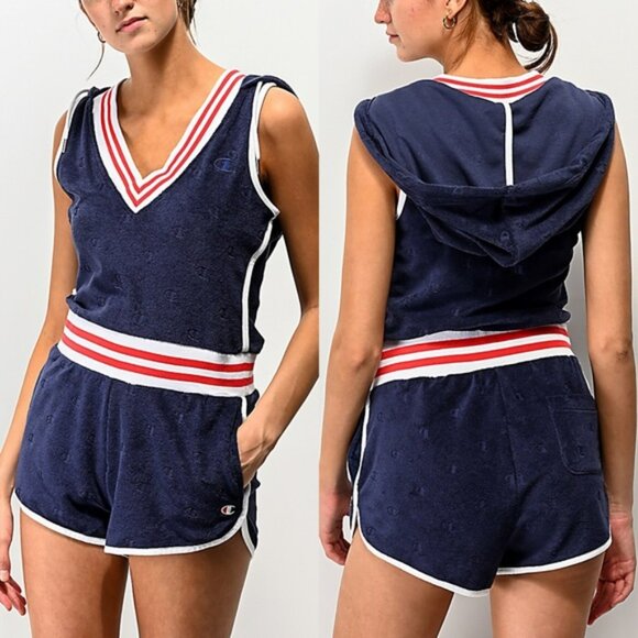 Champion Pants - CHAMPION NWT Imperial Indigo Terry Cloth Varsity Hooded Sleeveless Romper, Small